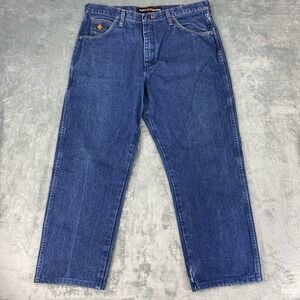 Wrangler Jeans Mens 36x30 (fit 37x27.5) Blue Flame Resistant FR Relaxed *HEMMED*